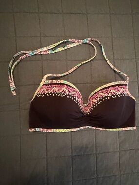 Victoria Secretly Black Bikini Top with Purple & Mint Embroidery